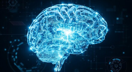 Glowing blue digital human brain with circuits and data streams