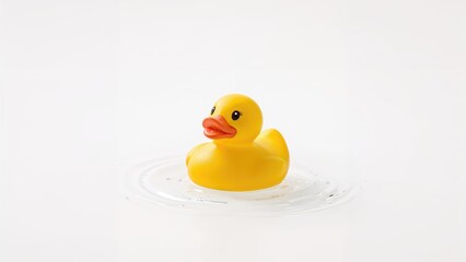 Macro shot of a bright yellow rubber duck on a clean white surface