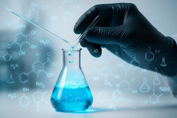 AI generated close up of gloved hands holding glassware and pipette over glowing blue liquid with chemical formulas overlay expressing scientific focus and futuristic research atmosphere