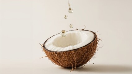 Split coconut releasing juice and oil, highlighting organic and natural components.