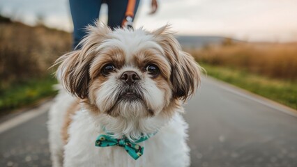 Portrait of a Tiny Dog Showcasing Remarkable Head Features and a Stylish Accessory, Enjoying a Walk with Its Owner