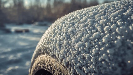 Obraz premium Close-up of vehicles blanketed with frost and snow in sunlight