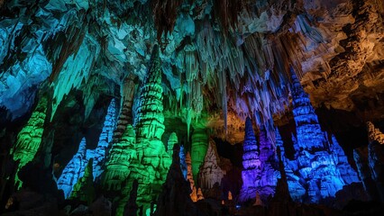 Multicolored speleothems including stalactites and stalagmites