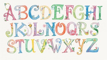 Vibrant watercolor style hand-drawn alphabet in a handwritten font