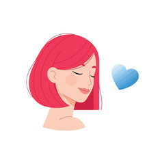 Obraz premium Vector art of young woman with pink hair and closed eyes with a blue heart isolated on white background
