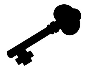 Simple black silhouette of an antique key on a plain background.