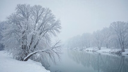Chilly winter morning with thick snow blanketing trees by the riverbank