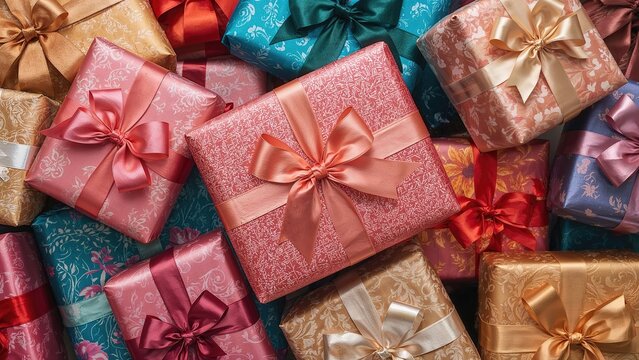Zoomed-in image of several wrapped gifts tied with stylish ribbons