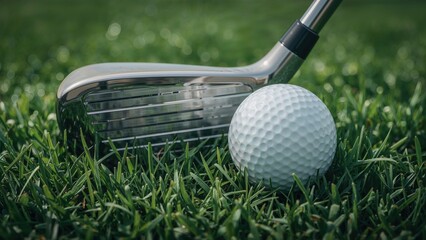 Close-up of a golf ball alongside a club on vibrant green lawn