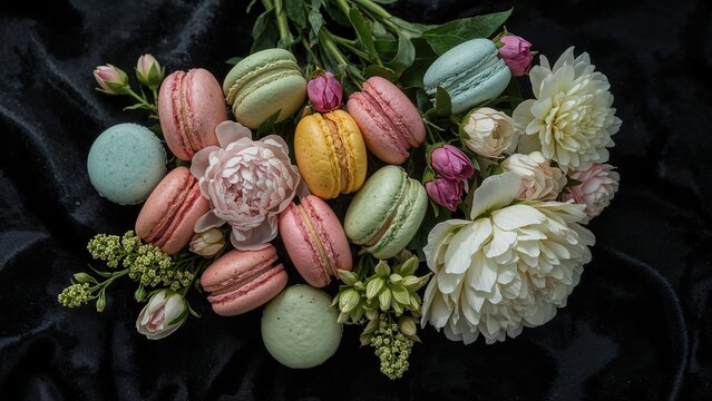 Brightly colored macarons alongside floral arrangements on a dark surface