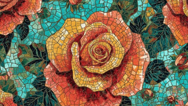 Bright and colorful rose design made with mosaic elements serving as an ornamental background. Suitable for artistic work, unique texture.