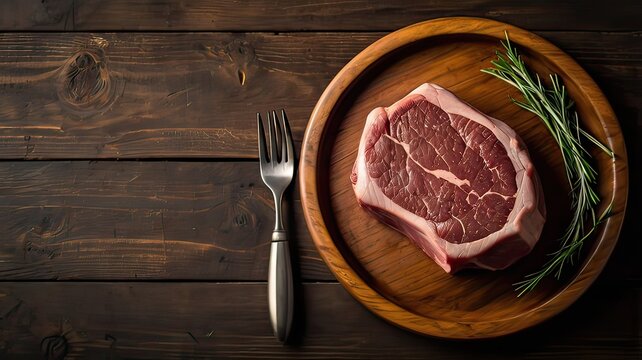 Succulent raw steak ready for grilling with rustic fork and knife on wooden board