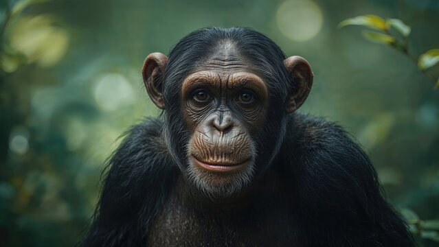 Detailed portrait of an adult chimpanzee against a lush green backdrop with a retro style.