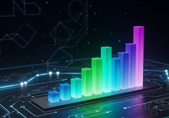 Glowing rainbow bar chart on digital circuit board background
