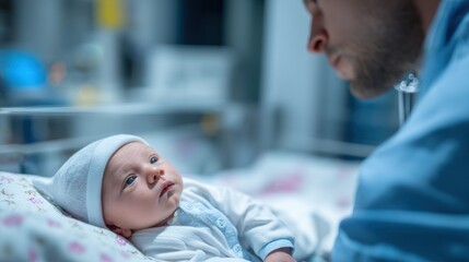 Fototapeta premium Calm newborn lying on hospital bed with attentive doctor nearby