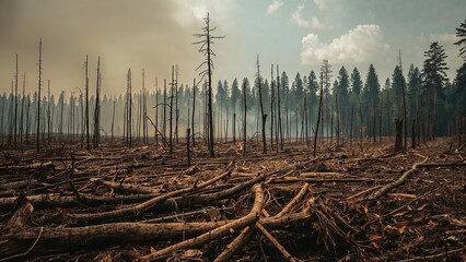 Timber harvesting of pine trees in natural forest. Entire area cleared. Serious notice of illegal woodcutting.