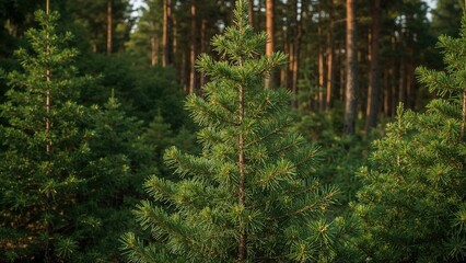 Thick clusters of fresh green needles on conifer trees in woods