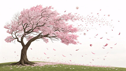 Fototapeta premium Cherry blossom tree in full pink bloom with petals dancing in wind across peaceful green meadow under soft white sky.