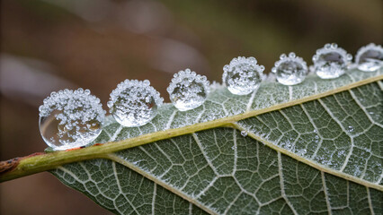 Perfect water droplets lined along green leaf edge, showcasing intricate leaf vein patterns and crystal-clear surface tension in macro detail photography.