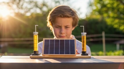 Fototapeta premium A young boy observes a model solar energy setup outdoors, with sunlight illuminating the scene and greenery in the background.