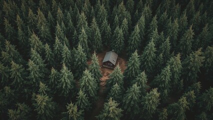 A tranquil hideaway surrounded by lofty pine trees, captured from an overhead perspective.