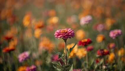 Zinnia bloom: A vibrant and delicate zinnia flower stands out amidst a field of its colorful counterparts.