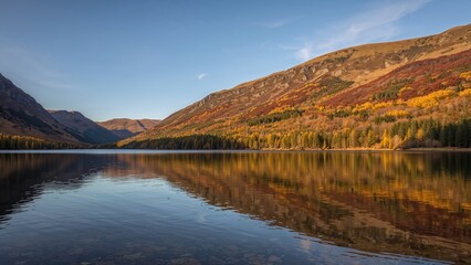 Fototapeta premium Scenic view of a tranquil lake surrounded by hills