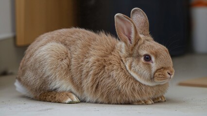 Resting lop-eared rabbit with a distinct fluffy coat, exhibiting a peaceful presence indoors.