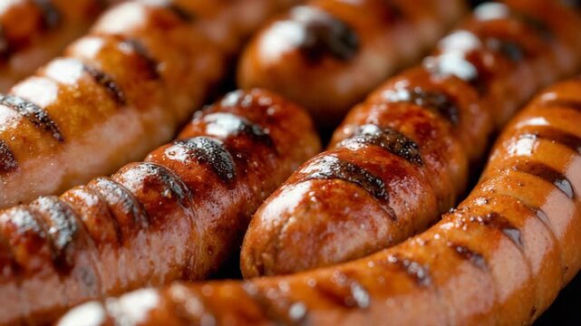 Delicious grilled sausages sizzling on barbecue grill close up.