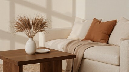 A vertical photo of a relaxed living room setup with a wooden table displaying ceramic vases filled with dried wheat, situated next to a cushy sofa.