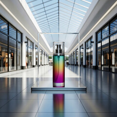 Elegant Colorful Beauty Product Display in Sunlit Modern Mall