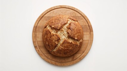 Freshly baked rustic bread placed on a chopping board, viewed from the top