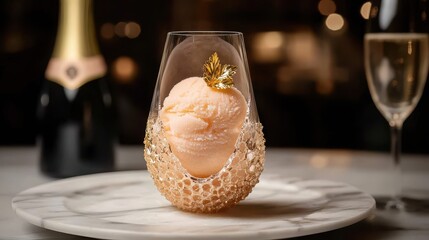 Elegant champagne sorbet presentation served in decorative crystal glass topped with golden leaf garnish on marble plate under ambient restaurant lighting