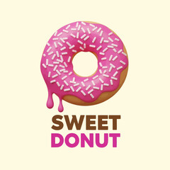 3D Rendered Pink Donut with Sprinkles and Drips, and Sweet Donut Text, for a Bakery Logo Vector Illustration