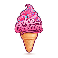 3D Rendered Pink Ice Cream Cone with Sprinkles, Drips, and Ice Cream Text with Splashes Vector Illustration