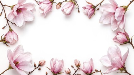 Obraz premium Floral frame composed of soft pink magnolia blossoms isolated on white
