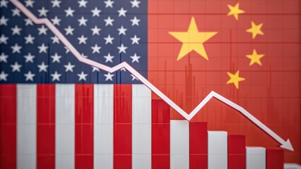 Image depicting a downward trend in a graph, overlaid with the flags of the USA and China, symbolizing economic relations.