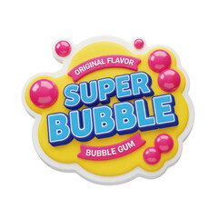 3D Rendered "Super Bubble" Bubble Gum Logo with Pink Bubbles Vector Illustration