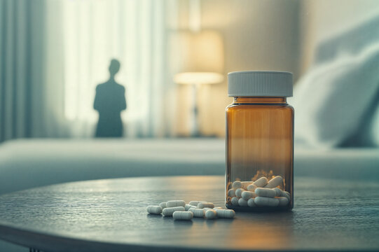 Amber bottle with diazepam, valium tablets on table, soft light and blurred figure by window. Mental health concept: anxiety, insomnia, therapy, prescription, sedative medication.