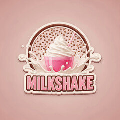 3D Rendered "Milkshake" Logo with a Pink Shake, Whipped Cream, a Straw, and a Splash Vector Illustration
