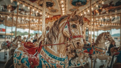 Zoomed-in shot of a bright toy horse with a hazy background of a fairground carousel