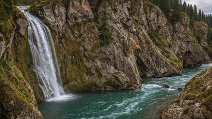 Fototapeta premium A breathtaking gorge featuring rugged cliffs and peaceful waterfalls surrounded by lush moss.