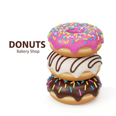 3D Rendered Stack of Three Glazed Donuts with Sprinkles for a Bakery Shop Vector Illustration Isolated on a White Background