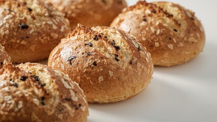 Close-up view of fresh black currant bread loaves showcased in a bakery setting.