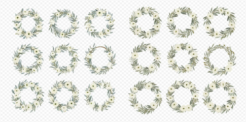 A collection of eighteen watercolor wreaths with delicate white flowers and muted green leaves, arranged in a grid on a transparent background. © studio