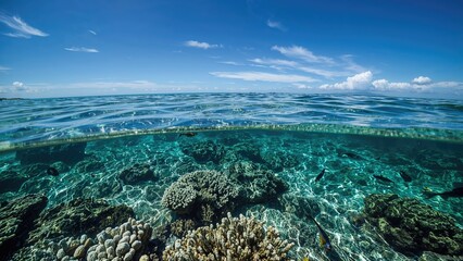 Fototapeta premium Transparent turquoise ocean and vivid coral reefs thriving with diverse marine fauna.
