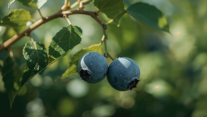 Close-up of fresh blueberries glistening with early morning dew on the vine, prepared for picking