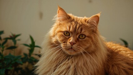 Obraz premium Focused image of a red fluffy cat enjoying sunlight with a soft natural background