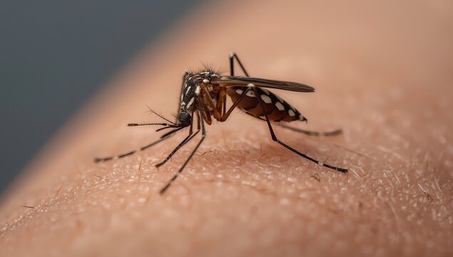 Macro Close-Up of Aedes Aegypti Mosquito on Human Skin