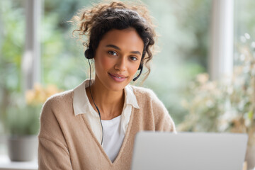Video call setup, laptop, natural light, woman wearing headset
